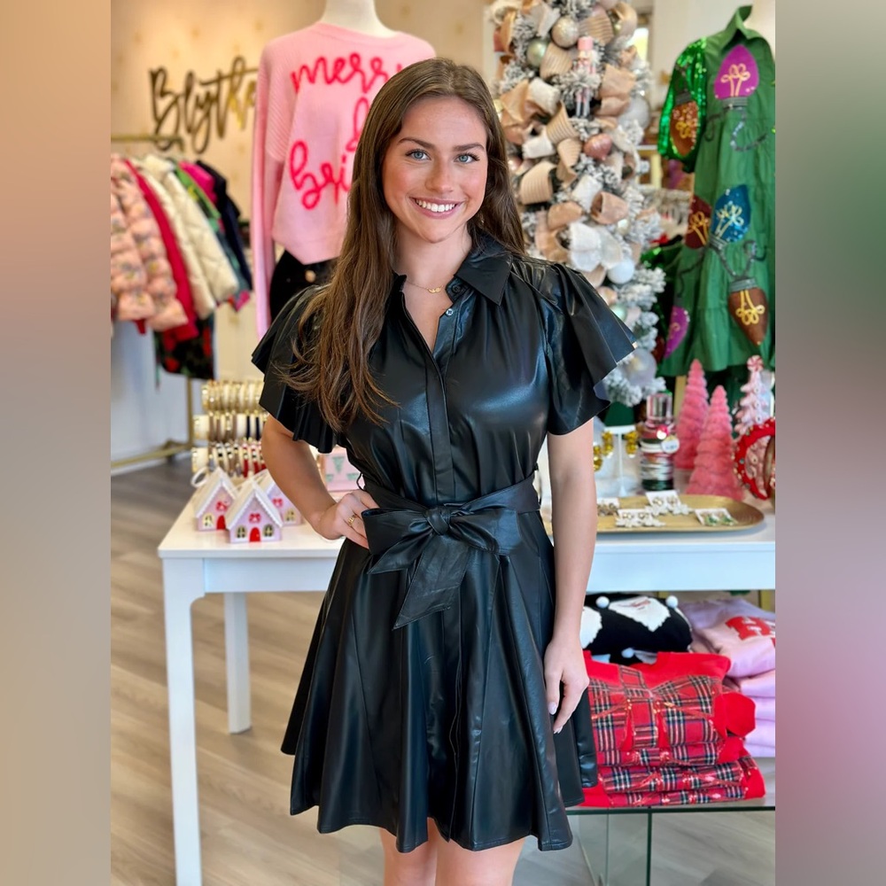 Black Faux Leather Dress with Ruffle Sleeves NWT 😎